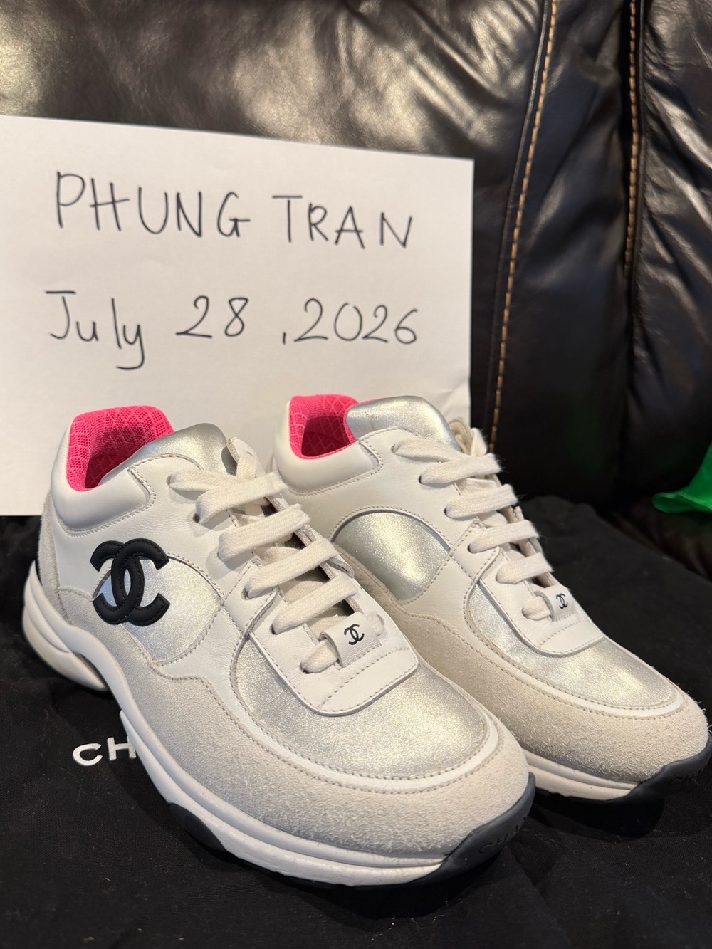 CHANEL White Sneakers with Pink Mesh Interior and Black Logo Insole